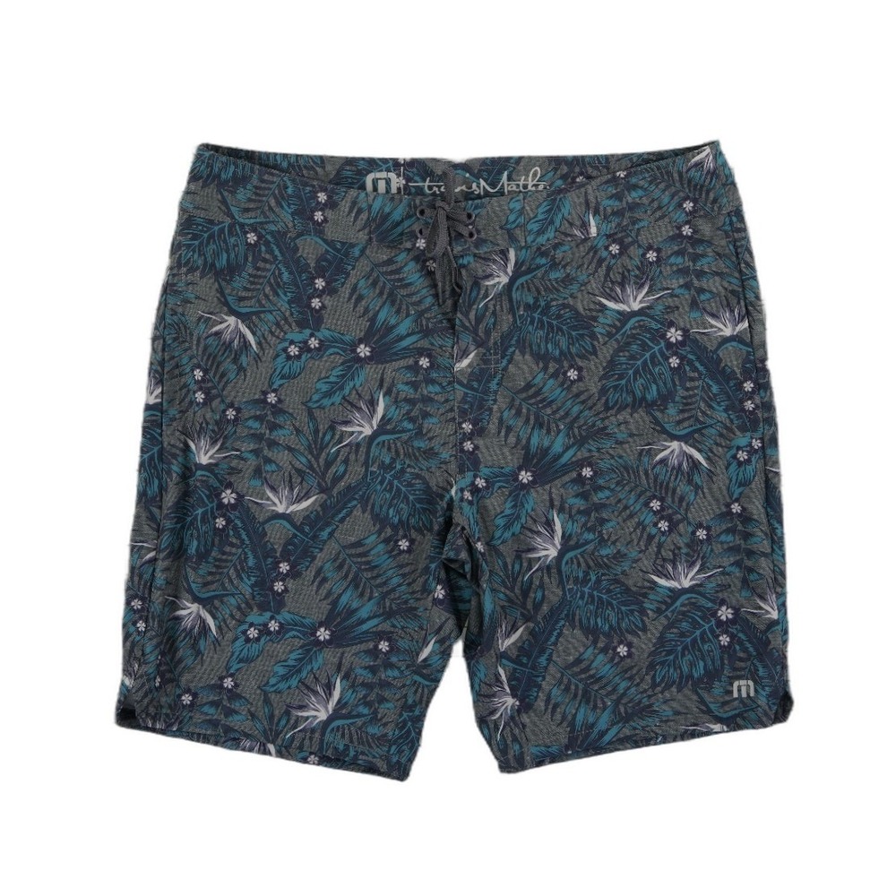 TravisMathew Board Shorts Men's Size 36 Grey Teal Tropical Bird Paradise Summer